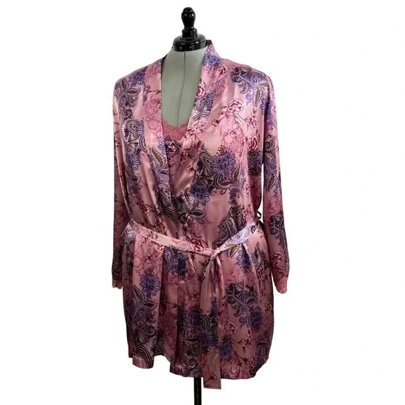 DELICATES Set Y2K Feminine Slip Lingerie Satin Feel Pink Sz XL Rose Print Lace - Picture 3 of 12